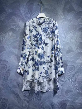Луксозен дизайнерски Дамски бяло-синя в памучна блуза с флорални принтом, свободна риза с високо качество от Runway Fashion 2023