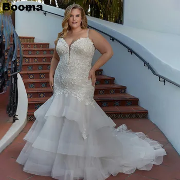 Booma Plus Size, елегантни сватбени рокли на Русалка, апликации, набори, сватбени рокли с тънки спагети презрамки, дамски рокли с влак