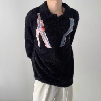 Мъжката есенно-зимния вязаный пуловер с удебелени бродерия в лениво стил, неутрални по отношение на пола, Нишевый вязаный пуловер със свободен ревера
