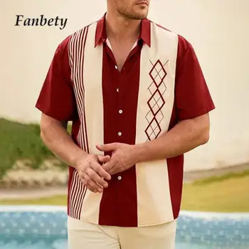 Ежедневна мъжка риза в райе 2024 г., Лятна дишаща блуза с отложным яка, Модни тениски за почивка на плажа с къс ръкав За мъже