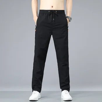Нови летни Мъжки Свободни Преки Тънки ежедневни панталони 2023 година, Корейски панталони с завязками от ледената коприна, Дишащи панталони с джобове с цип, Мъжки