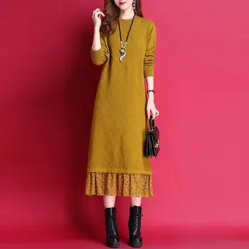 Плътно вязаное рокля с кръгло деколте, Свободно Корейски плетива, рокли, midi, Елегантен всекидневен пуловер, Vestidos, Женски Есенно-зимния Нов халат Q600