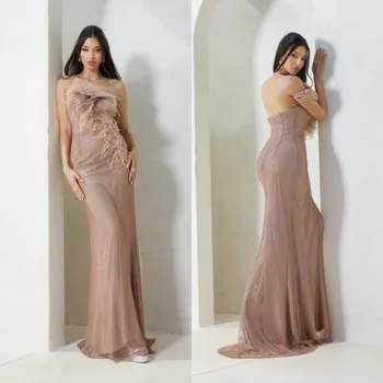 Выпускное рокля Yipeisha Елегантна вечерна рокля русалка с дължина до пода, без презрамки, обтягивающее пера, тюл по поръчка 