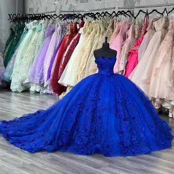 Сега Кралско Синьо Бална Рокля Quinceanera Dress 2024 С 3D Цветя, Vestido De 15 Anos, Апликация От Пайети, Хубава Рокля за рождения Ден на 16