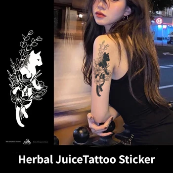 Татуировка с трева Черна котка Водоустойчива устойчива фалшива татуировка за жени, мъже, татуировка на ключицата, временни татуировки, Художествена татуировка, стикер