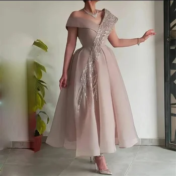 Луксозно Дамско вечерна рокля трапецовидна форма с V-образно деколте и къс ръкав MINGLAN дължина до пода, расшитое с пайети, една модерна вечерна рокля за бала, новост 2023 година