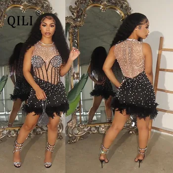 QILI-Прозрачна рокля midi без ръкави, с пайети и пера, черно-бяла мозайка шиене, Sexy Party Club